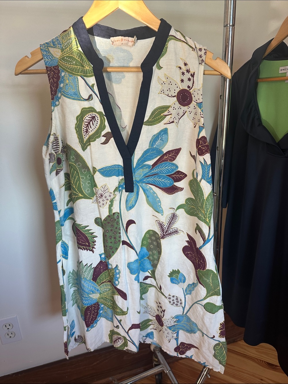 Tory Burch White Floral Sleeveless Coverup with Blue and Green Accents